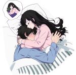  1boy 1girl bed_sheet black_hair blue_pajamas blush breast_rest breasts breasts_on_head chitanda_eru dreaming eggplant hetero highres hug hyouka lying medium_breasts mery_(yangmalgage) on_side oreki_houtarou pajamas pillow pink_pajamas sleeping sweatdrop under_covers 