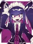  1girl a_(poipiku_325815) arm_up black_hair black_jacket bonnet border celestia_ludenberg claw_ring collared_shirt commentary_request danganronpa:_trigger_happy_havoc danganronpa_(series) drill_hair frilled_hairband frills gothic_lolita hairband jacket lolita_fashion long_hair long_sleeves looking_at_viewer motion_lines necktie nervous_sweating open_mouth print_necktie red_background red_eyes red_necktie shirt smile solo sweat twin_drills white_border white_shirt wide-eyed 