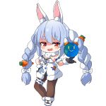  1girl :d ame. animal_ear_fluff animal_ears black_gloves black_leotard blue_hair blush_stickers braid brown_pantyhose chibi detached_sleeves don-chan_(usada_pekora) dress earth_(planet) fang fur-trimmed_dress fur-trimmed_gloves fur_trim gloves hair_between_eyes hand_up highres hololive leotard leotard_under_clothes multicolored_hair pantyhose pekomon_(usada_pekora) planet puffy_short_sleeves puffy_sleeves rabbit-shaped_pupils rabbit_ears red_eyes shoes short_eyebrows short_sleeves simple_background smile smug solo standing symbol-shaped_pupils thick_eyebrows twin_braids twintails two-tone_hair usada_pekora virtual_youtuber white_background white_dress white_footwear white_hair white_sleeves 