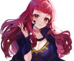  1girl bangs black_cape breasts brown_eyes cape choker cleavage commentary facial_mark fire_emblem fire_emblem_engage hand_up highres jurge large_breasts long_hair looking_at_viewer pink_choker red_hair simple_background solo star_(symbol) upper_body very_long_hair white_background yunaka_(fire_emblem) 