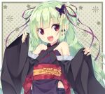  1girl :d akishisu_(air_balance) bare_shoulders black_kimono blunt_bangs blunt_ends blush border breasts butterfly_hair_ornament commentary criss-cross_halter eyelashes eyes_visible_through_hair floral_print green_background green_hair hair_ornament hair_ribbon halterneck hands_up happy hime_cut japanese_clothes kimono long_hair looking_at_viewer murasame_(senren) obi open_mouth pink_ribbon polka_dot polka_dot_background red_eyes red_sash ribbon sash senren_banka sidelocks simple_background sleeves_past_wrists small_breasts smile solo straight_hair two_side_up upper_body very_long_hair white_border wide_sleeves 