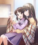  2girls age_difference argyle_hairband blush brown_hair commission couch cup dress feet_out_of_frame highres holding holding_cup hug hug_from_behind idolmaster idolmaster_cinderella_girls indoors kio_mpi long_sleeves looking_at_another multiple_girls on_couch plaid_shawl puffy_long_sleeves puffy_sleeves purple_dress ribbed_shirt sagisawa_fumika shawl shirt signature sitting sitting_on_person skeb_commission smile steam straight_hair tachibana_arisu twitter_username yuri 