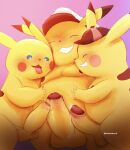  2023 anthro balls belly blue_eyes clothing detective_pikachu dober erection eyes_closed generation_1_pokemon genitals group hat headgear headwear hi_res male male/male moobs nintendo nipples overweight overweight_male penis penis_size_difference pikachu pokemon pokemon_(species) puka_(pokemon) simple_background yellow_body 