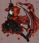  1girl absurdres black_dress black_hair boots brown_background cape crescent_rose cross-laced_footwear dress falling_petals frilled_dress frills grey_eyes highres holding holding_scythe holding_weapon hood hooded_cape knee_boots lace-up_boots petals red_cape rose_petals ruby_rose rwby scythe short_hair solo weapon 