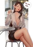  1girl artist_name black_choker black_hair black_skirt blurry blurry_background border breasts cafe chair choker cleavage collarbone commentary crossed_legs cup english_commentary english_text glasses hand_on_own_thigh highres holding holding_cup indoors inhoso instagram_logo lipstick looking_at_viewer makeup medium_hair open_clothes open_shirt original outside_border parted_lips patreon_logo pencil_skirt photo_background pointy_ears red_lips round_eyewear saucer shirt sitting skirt small_breasts solo speech_bubble table twitter_logo white_border white_shirt 
