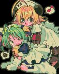  2girls ahoge all_fours animal_hat animal_print apron armband bear_print behind_another bell black_background black_dress blonde_hair blue_eyes blush_stickers boots cat_hat commentary_request curtained_hair dejiko di_gi_charat dress flipped_hair furrowed_brow gloves green_eyes green_hair hair_bell hair_ornament halftone hat highres jingle_bell knee_boots looking_at_another looking_back maid menma_(enaic31) multiple_girls musical_note neck_bell nurse_cap one_eye_closed outline panda_print paw_shoes piyoko puffy_short_sleeves puffy_sleeves purple_dress red_armband short_sleeves simple_background sleeve_cuffs spoken_musical_note spoken_squiggle squiggle standing striped striped_dress tearing_up twitter_username two-tone_dress two_side_up v-shaped_eyebrows vertical-striped_dress vertical-striped_sleeves vertical_stripes white_apron white_footwear white_gloves 