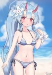  1girl beach bikini blue_archive blue_hair blue_sky blunt_bangs blurry blush breasts chise_(blue_archive) chise_(swimsuit)_(blue_archive) cleavage cloud cloudy_sky collarbone commentary_request depth_of_field hair_between_eyes halo highres horizon horns long_hair looking_at_viewer navel neko_huan ocean official_alternate_costume oni_horns outdoors parted_lips red_eyes side-tie_bikini_bottom side_ponytail sidelocks simple_background sky sleeveless solo stomach striped striped_bikini swimsuit 