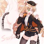  1girl animal_ears arknights black_headwear blonde_hair blush breasts curly_hair fang fseit4 green_eyes highres looking_at_viewer medium_breasts pussy skin_fang solo swire_(arknights) tail thighhighs tiger_ears tiger_girl tiger_tail 