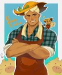  1boy apron bara blush chest_hair_peek cookie_run cowboy_shot crossed_arms dark-skinned_male dark_skin farmer goatee_stubble hat highres humanization large_pectorals looking_at_viewer male_focus mature_male muscular muscular_male one_eye_closed pectoral_cleavage pectorals pig potato_cookie poysan red_apron seductive_smile short_hair smile straw_hat thick_eyebrows 