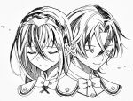  1boy 1girl alear_(female)_(fire_emblem) alear_(fire_emblem) alear_(male)_(fire_emblem) braid closed_eyes closed_mouth crown_braid fire_emblem fire_emblem_engage greyscale hair_between_eyes highres illust_mi long_hair monochrome multicolored_hair short_hair sketch tiara two-tone_hair white_background 