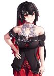  1girl absurdres bare_shoulders black_hair black_shirt breasts cleavage colored_inner_hair commentary_request cowboy_shot highres honkai_(series) honkai_impact_3rd long_hair looking_at_viewer multicolored_hair off-shoulder_shirt off_shoulder pyeong-il_pyeongil red_eyes red_hair red_skirt seele_vollerei shirt short_sleeves simple_background skirt solo standing very_long_hair white_background 