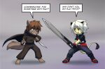  anthro brown_body brown_fur brown_hair canid canine canis clothing duo felid feline fight fighting_pose fur hair knife lion male mammal melee_weapon pantherine pose raxkiyamato sword taunting twokinds weapon webcomic webcomic_character wolf zen_(raxkiyamato) zen_(twokinds) 
