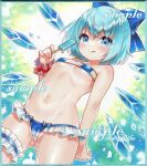  1girl :q artist_name ass_visible_through_thighs bikini blue_bikini blue_bow blue_eyes blue_hair bow cirno closed_mouth commentary_request cowboy_shot detached_wings food hair_bow holding holding_food ice ice_wings looking_at_viewer marker_(medium) nordic_niku popsicle sample_watermark short_hair smile solo swimsuit thigh_strap tongue tongue_out touhou traditional_media wings 