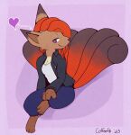  &lt;3 anthro bottomwear breasts clothing coffeefly denim denim_bottomwear denim_clothing dipstick_ears female generation_1_pokemon hi_res jacket jeans multicolored_ears nintendo pants pokemon pokemon_(species) shirt smile solo te topwear vulpix 