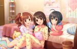  3girls ahoge bed bedroom black_hair blue_shirt blunt_bangs blush book breasts brown_eyes brown_hair calendar_(object) character_request check_character cleavage closed_mouth collarbone collared_shirt feet feet_out_of_frame floral_print foot_up game_cg hair_between_eyes hair_ornament hair_scrunchie hood hood_down idolmaster idolmaster_cinderella_girls idolmaster_cinderella_girls_starlight_stage igarashi_kyoko indoors knees_together_feet_apart kohinata_miho legs lens_flare long_hair long_sleeves medium_hair multiple_girls object_hug official_art on_ground open_mouth pajamas pants parted_bangs pillow pillow_hug print_pajamas scrunchie shimamura_uzuki shirt short_sleeves side_ponytail sitting smile thighs toes yellow_pants yellow_shirt yokozuwari 