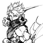  1boy arm_blade bare_shoulders chipp_zanuff guilty_gear guilty_gear_strive looking_at_viewer male_focus monochrome mori_no_yousei ninja shirt simple_background sleeveless sleeveless_shirt upper_body weapon 