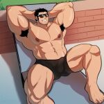  1boy abs alternate_pectoral_size armpit_hair armpits bara beard_stubble black_hair black_male_underwear boxers bulge covered_penis excessive_armpit_hair feet_out_of_frame from_above highres huge_eyebrows huge_pectorals knee_up large_pectorals lucas_lee male_focus male_underwear muscular muscular_male navel nipples pectorals relaxing scott_pilgrim_takes_off short_hair smile solo strongman_waist sunglasses thick_thighs thighs topless_male toragoru underwear 