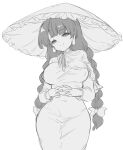  1girl ajirogasa braid breasts closed_mouth commentary_request dress efukei frilled_hat frills greyscale hat highres large_breasts long_earlobes long_hair long_sleeves looking_at_viewer monochrome simple_background smile solo touhou twin_braids yatadera_narumi 