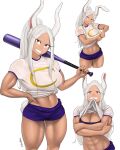  1girl :d abs absurdres anger_vein animal_ears artist_name bangs baseball_bat boku_no_hero_academia breasts cleavage crescent_print crossed_arms dark-skinned_female dark_skin dismaiden hand_on_hip highres holding holding_baseball_bat large_breasts long_eyelashes long_hair looking_at_viewer midriff mirko mouth_hold multiple_views navel open_mouth parted_bangs ponytail purple_shorts purple_sports_bra rabbit_ears rabbit_girl rabbit_tail red_eyes shirt shirt_hold short_shorts shorts smile sports_bra stomach sweat sweaty_clothes tail thighs tied_shirt toned white_hair white_shirt 