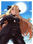  1girl black_coat black_nails black_pants blonde_hair blue_sky border breasts bright_pupils cameltoe closed_mouth coat commentary covered_navel covered_nipples cynthia_(pokemon) eyelashes floating_hair from_below fur-trimmed_coat fur_trim goro_orb grey_eyes hair_ornament hair_over_one_eye hand_on_own_hip highres large_breasts long_hair looking_at_viewer looking_down nail_polish outdoors pants pokemon pokemon_(game) pokemon_dppt sky smile solo sunlight taut_clothes twitter_username very_long_hair watermark white_border white_pupils 