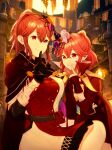  2girls absurdres anna_(fire_emblem) belt black_cape black_gloves brown_belt buttons cape closed_mouth commentary_request dress finger_to_mouth fire_emblem fire_emblem_awakening fire_emblem_engage fire_emblem_heroes gloves grin hair_between_eyes hair_ornament halloween halloween_costume high_collar highres index_finger_raised long_hair long_sleeves looking_at_viewer multiple_girls official_alternate_costume ponytail red_cape red_dress red_eyes red_hair s_n_reon siblings sisters sitting smile star_(symbol) teeth two-tone_dress white_dress 