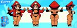  anthro big_breasts black_clothing blue_background breasts brown_hair canid canine clothed clothing dynamo_toon female floppi_(mentle_xd) hair hi_res mammal pirate pirate_hat red_clothing simple_background solo t-pose thick_thighs white_background 