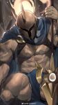  1boy abs artist_request bara bare_pectorals bulge cape feet_out_of_frame fire helmet highres holding holding_polearm holding_weapon large_pectorals league_of_legends male_focus muscular muscular_male nipples paid_reward_available pantheon_(league_of_legends) pectorals planted polearm sitting solo sweat testicle_peek thick_thighs thighs weapon 