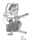  2004 antennae_(anatomy) anthro arthropod clothing divdurvart dragon guitar hair horn hybrid insect long_hair male musical_instrument playing_guitar playing_music plucked_string_instrument solo string_instrument 