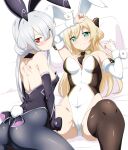  2girls adapted_costume animal_ears back backless_outfit bed blonde_hair blush brown_thighhighs cameltoe danpu duel_monster fake_animal_ears green_eyes grey_hair highres leotard long_hair looking_at_viewer looking_back lying multiple_girls necktie on_back on_bed pantyhose pillow playboy_bunny rabbit_ears rabbit_tail red_eyes sky_striker_ace_-_raye sky_striker_ace_-_roze smile tail thighhighs wrist_cuffs yu-gi-oh! zettai_ryouiki 