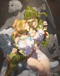  2girls artist_name bare_legs black_nails blonde_hair clenched_hand closed_eyes closed_mouth colored_skin dress greek_clothes green_headwear green_skin hand_on_another&#039;s_face hand_on_another&#039;s_stomach high_ponytail highres leg_tattoo long_hair medusa_widowmaker mercy_(overwatch) multiple_girls open_hand overwatch overwatch_1 overwatch_2 ponytail sitting snake snake_hair statue tattoo velocesmells white_dress widowmaker_(overwatch) winged_victory_mercy yuri 