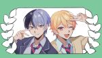  2boys :d aoyagi_touya arm_up blonde_hair blue_eyes blue_hair cardigan closed_mouth collared_shirt commentary dark_blue_hair diagonal-striped_necktie gradient_hair hand_up highres kamiyama_high_school_uniform_(project_sekai) lapels long_sleeves looking_at_viewer male_focus mole mole_under_eye multicolored_hair multiple_boys notched_lapels one_eye_closed open_collar open_mouth orange_eyes orange_hair project_sekai school_uniform shirt short_hair smile so17p split standing standing_on_one_leg standing_split tenma_tsukasa two-tone_hair upper_body v yellow_cardigan 