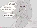  absurd_res anthro big_breasts breasts clothed clothing dialogue english_text female food generation_4_pokemon hi_res lopunny nintendo nipples one_breast_out pizza pokemon pokemon_(species) solo text thyhsilverfeet url 
