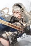 1girl armor black_hairband blue_cape cape corrin_(fire_emblem) fighting_stance fire_emblem fire_emblem_fates gloves hair_between_eyes hairband holding holding_sword holding_weapon long_hair nijihayashi pointy_ears red_eyes simple_background solo sword thighs weapon white_hair yato_(fire_emblem) 