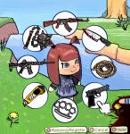  1girl 1other animal_crossing ar-15 assault_rifle ball_and_chain_(weapon) beretta_92 black_shirt blood blood_on_ground blood_on_knife blue_shirt blunt_bangs boxcutter brass_knuckles brown_hair chibi closed_mouth commentary corpse day disembodied_limb english_commentary english_text fake_screenshot flower freckles full_body grand_theft_auto grand_theft_auto_v grass grey_eyes gun handgun highres implied_murder kalashnikov_rifle knife long_hair long_sleeves multicolored_shirt mushymoss out_of_frame outdoors pool_of_blood purple_shirt rifle river rope shirt sketch smile standing t-shirt tree two_side_up villager_(animal_crossing) weapon yellow_flower 