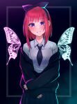  1girl :d alternate_costume black_background black_bow black_necktie black_skirt black_sweater blue_eyes blunt_bangs blush bow butterfly_wings cardigan casual commentary dress_shirt eyelashes glowing glowing_wings go-toubun_no_hanayome grin hair_bow highres kakato_0 looking_at_viewer medium_hair miniskirt nakano_nino necktie neon_lights open_cardigan open_clothes pleated_skirt red_hair shirt short_necktie sidelighting sidelocks skirt sleeves_past_wrists smile solo straight-on straight_hair sweater tsurime white_shirt wings 