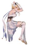  1girl arms_up blonde_hair blush boots breasts closed_mouth detached_sleeves dress english_commentary flower genshin_impact hair_flower hair_ornament highres looking_at_viewer lumine_(genshin_impact) medium_breasts short_hair_with_long_locks simple_background sleeveless sleeveless_dress solo thigh_boots white_background white_dress white_footwear yellow_eyes zippo_(2387576974) 