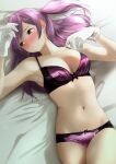  1girl absurdres ahoge averting_eyes bed_sheet blush bra breasts commentary_request commission embarrassed gloves hagikaze_(kancolle) highres kantai_collection large_breasts long_hair lying navel on_back one_side_up panties pixiv_commission purple_bra purple_hair purple_panties solo tama_(tamago) underwear underwear_only white_gloves yellow_eyes 