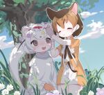  2girls animal_ears blush bow bowtie brown_dress brown_hair chevrotain_(kemono_friends) dress extra_ears flower gloves hair_flower hair_ornament kemono_friends kemono_friends_kingdom least_weasel_(kemono_friends) multiple_girls outdoors pantyhose ribbon sarutori scarf short_hair shorts sweater tail weasel_ears weasel_girl weasel_tail white_hair 