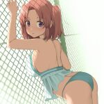  1girl aqua_bikini arched_back ass back bare_shoulders bent_over bikini blush breasts chain-link_fence cowboy_shot dot_nose fence frilled_bikini frills from_side highres large_breasts leaning_forward looking_at_viewer looking_back median_furrow mikakunin_de_shinkoukei parted_lips pink_hair purple_eyes short_twintails solo swimsuit tennosuke_(tejons) twintails water_drop yonomori_kobeni 
