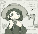  1girl bags_under_eyes braid braided_bangs double_bun hair_bun hat holding holding_instrument holding_ocarina instrument jitome leaf long_sleeves looking_to_the_side monochrome music musical_note ocarina original outside_border playing_instrument raised_eyebrows shirt short_hair solo staff_(music) straw_hat torosakana upper_body 