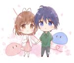  1boy 1girl antenna_hair blue_eyes blue_hair blush brown_eyes brown_hair cardigan casual chibi clannad closed_mouth commentary_request couple dango_daikazoku dress falling_petals furukawa_nagisa green_shirt hair_between_eyes hair_ornament hairclip heart heart_of_string hetero highres holding_hands looking_at_viewer medium_hair okazaki_tomoya open_cardigan open_clothes petals pink_dress sakura_aki shirt short_hair short_sleeves simple_background smile spiked_hair straight-on white_background white_cardigan 