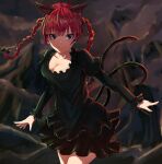  1girl animal_ears black_eyes blurry blurry_background braid breasts cat_ears cat_girl cat_tail cleavage closed_mouth collarbone commentary dress extra_ears green_dress highres i-coat juliet_sleeves kaenbyou_rin large_breasts long_hair long_sleeves looking_at_viewer multiple_tails nekomata puffy_sleeves red_hair side_braids smile solo tail touhou twin_braids two_tails 