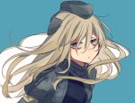  1girl black_headwear blonde_hair blue_background bodysuit garrison_cap grey_hair hair_between_eyes hat headgear jacket kantai_collection long_hair looking_at_viewer multicolored_background parted_lips simple_background solo sumoffu u-511_(kancolle) upper_body very_long_hair wetsuit white_background 
