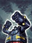  clenched_hands cloud electricity grey_sky highres mecha no_humans outdoors robot sky standing super_robot tetsujin_28 tetsujin_28-gou ttakunga yellow_eyes 