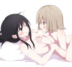  2girls absurdres black_hair blue_eyes blush breast_sucking breasts brown_eyes brown_hair commentary_request hanamura_koharu highres mesushio multiple_girls one_eye_closed parted_lips pillow shirotsuki_mafuyu short_hair tsurezure_biyori yuri 