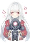  1girl character_doll clara_(honkai:_star_rail) coat commentary_request doll highres holding holding_doll honkai:_star_rail honkai_(series) kavka long_hair looking_at_viewer red_coat red_eyes smile solo svarog_(honkai:_star_rail) white_hair 