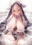  1girl azur_lane black_gloves black_headwear blonde_hair breasts closed_mouth gloves hair_between_eyes highres horns implacable_(azur_lane) large_breasts long_hair looking_at_viewer nun paid_reward_available partially_submerged pelvic_curtain red_eyes sea_nami signature smile solo thighhighs thighs water wet white_thighhighs 