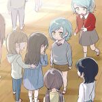  6+girls aged_down bang_dream! black_hair blue_dress blue_pants brown_hair brown_hoodie brown_shorts character_request closed_mouth collared_shirt commentary dress green_eyes grey_skirt grey_sweater highres hikawa_hina hikawa_sayo hood hoodie kneehighs long_hair long_sleeves low_twintails medium_hair multiple_girls open_mouth pants shirt short_hair shorts siblings skirt socks standing sweatdrop sweater twins twintails white_shirt white_socks zihacheol 