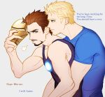  2boys arc_reactor avengers_(series) bare_shoulders black_tank_top blonde_hair blue_eyes blue_shirt brown_hair closed_mouth collarbone english_commentary english_text facial_hair fingernails ginmu grey_background hand_up holding holding_mask looking_at_another looking_back male_focus marvel mask multiple_boys shirt short_hair short_sleeves simple_background smile standing steve_rogers t-shirt tank_top tony_stark v-shaped_eyebrows yaoi yellow_eyes 
