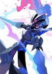  blade blue_fire ceruledge eye_trail fire flaming_eyes hands_up highres light_trail looking_at_viewer pokemon pokemon_(creature) purple_eyes purple_fire simple_background solo yasaikakiage 